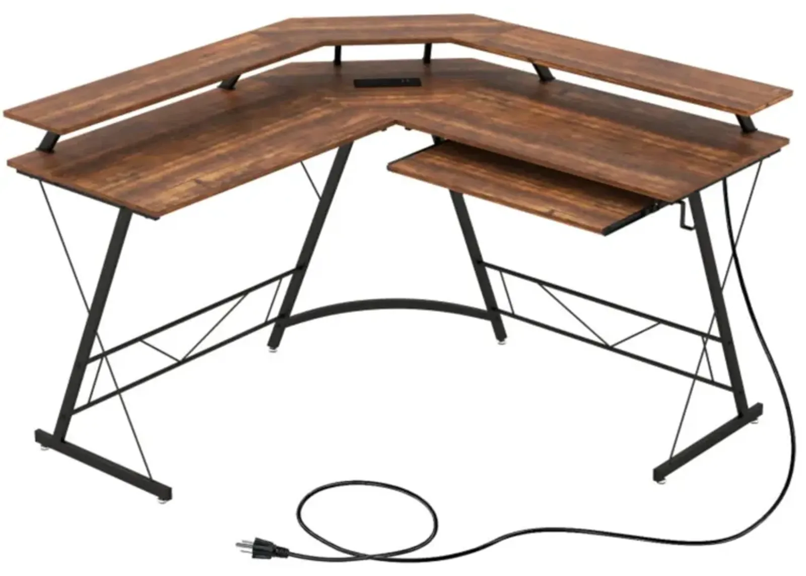 Hivvago L-shaped Computer Desk with Power Outlet and Monitor Stand