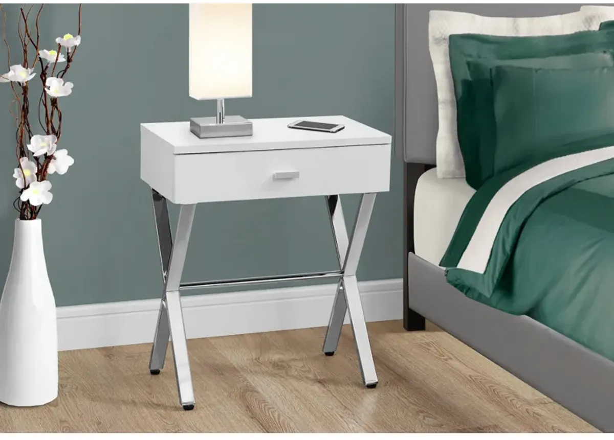 Monarch Specialties I 3262 Accent Table, Side, End, Nightstand, Lamp, Storage Drawer, Living Room, Bedroom, Metal, Laminate, Glossy White, Chrome, Contemporary, Modern