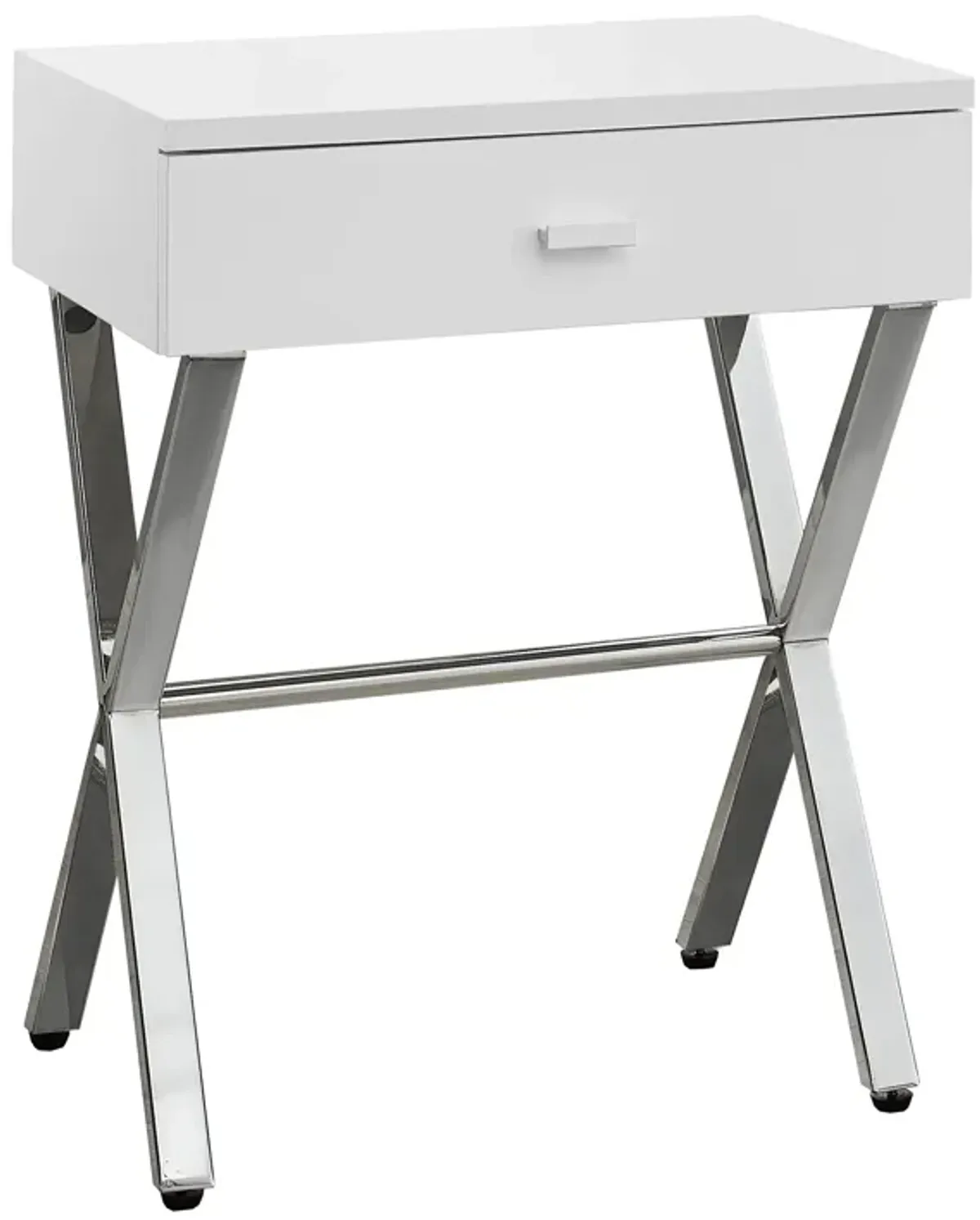 Monarch Specialties I 3262 Accent Table, Side, End, Nightstand, Lamp, Storage Drawer, Living Room, Bedroom, Metal, Laminate, Glossy White, Chrome, Contemporary, Modern