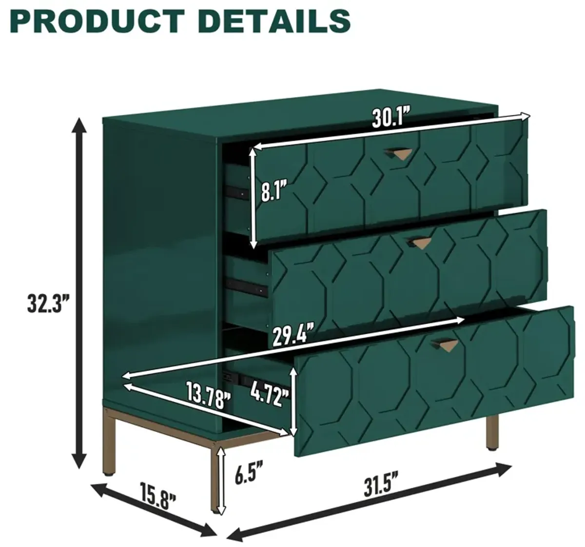 MONDAWE Freestranding Honeycomb Wooden 3-Drawer Storage Cabinet Table