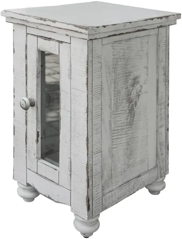 Genie 26 Inch Chairside Table, 1 Door, Turned Legs, White Solid Mango Wood-Benzara