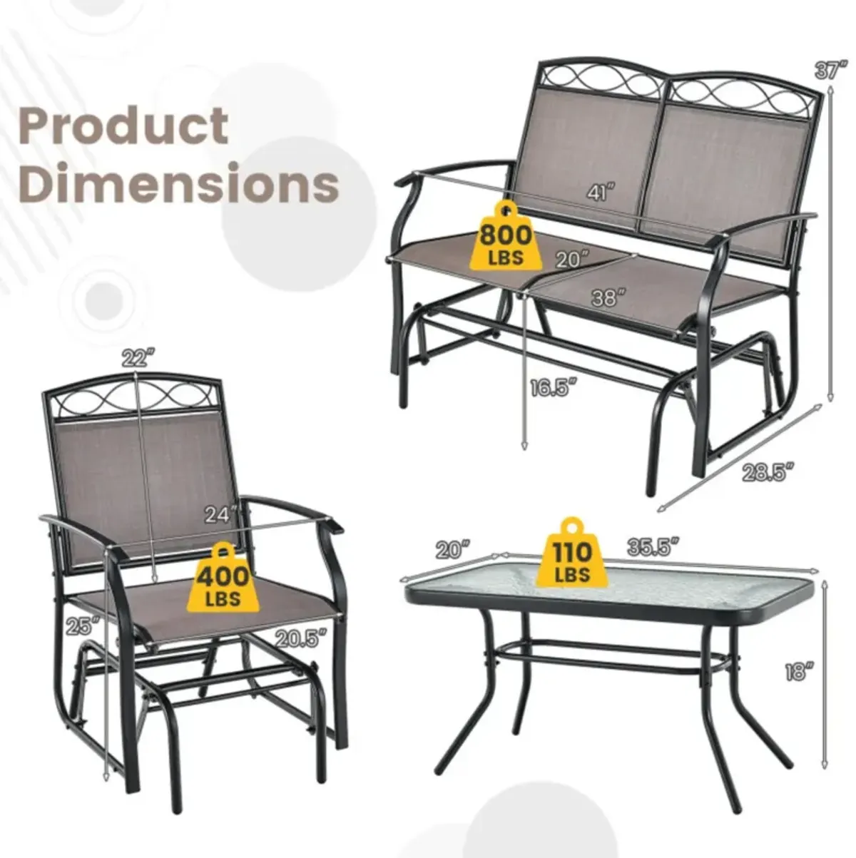 Hivvago 4 Piece Patio Glider Conversation Set with Tempered Glass Table Top-Brown