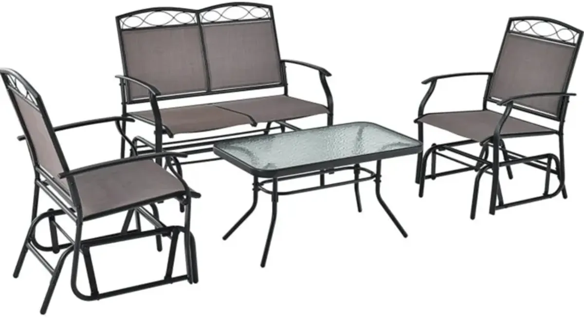 Hivvago 4 Piece Patio Glider Conversation Set with Tempered Glass Table Top-Brown