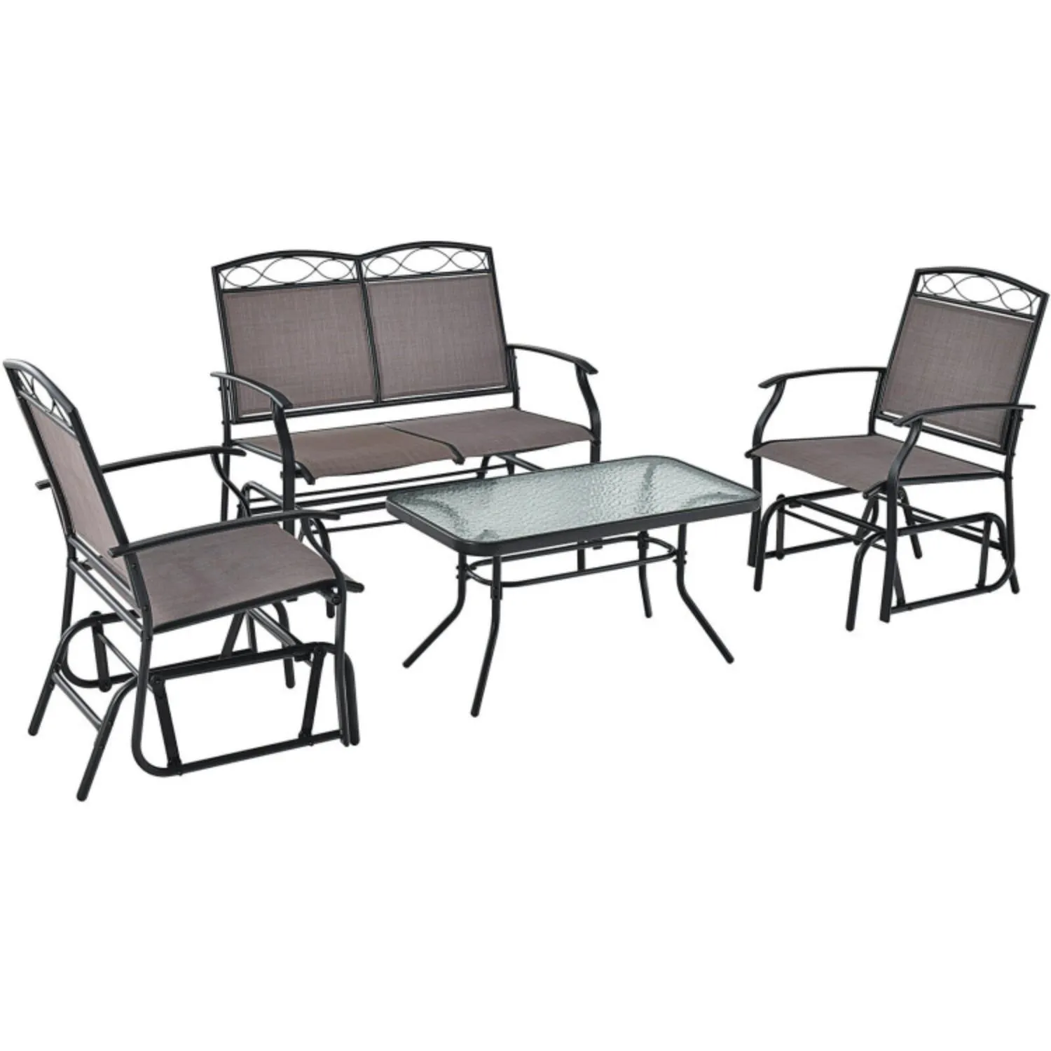 Hivvago 4 Piece Patio Glider Conversation Set with Tempered Glass Table Top-Brown