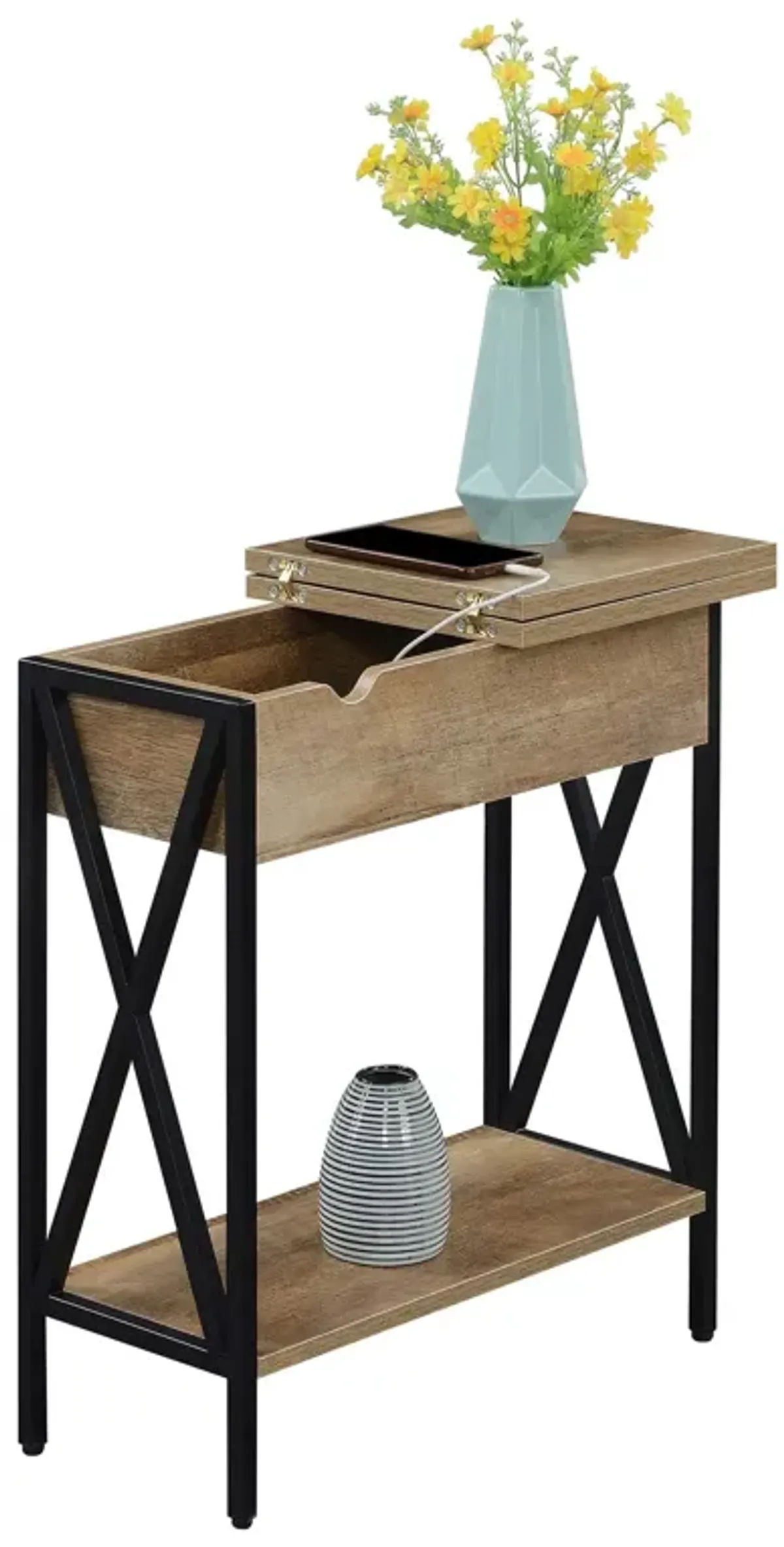 Convenience Concepts Tucson Flip Top End Table with Charging Station and Shelf, 23.75" L x 11.25" W x 24" H, Weathered Barnwood/Black