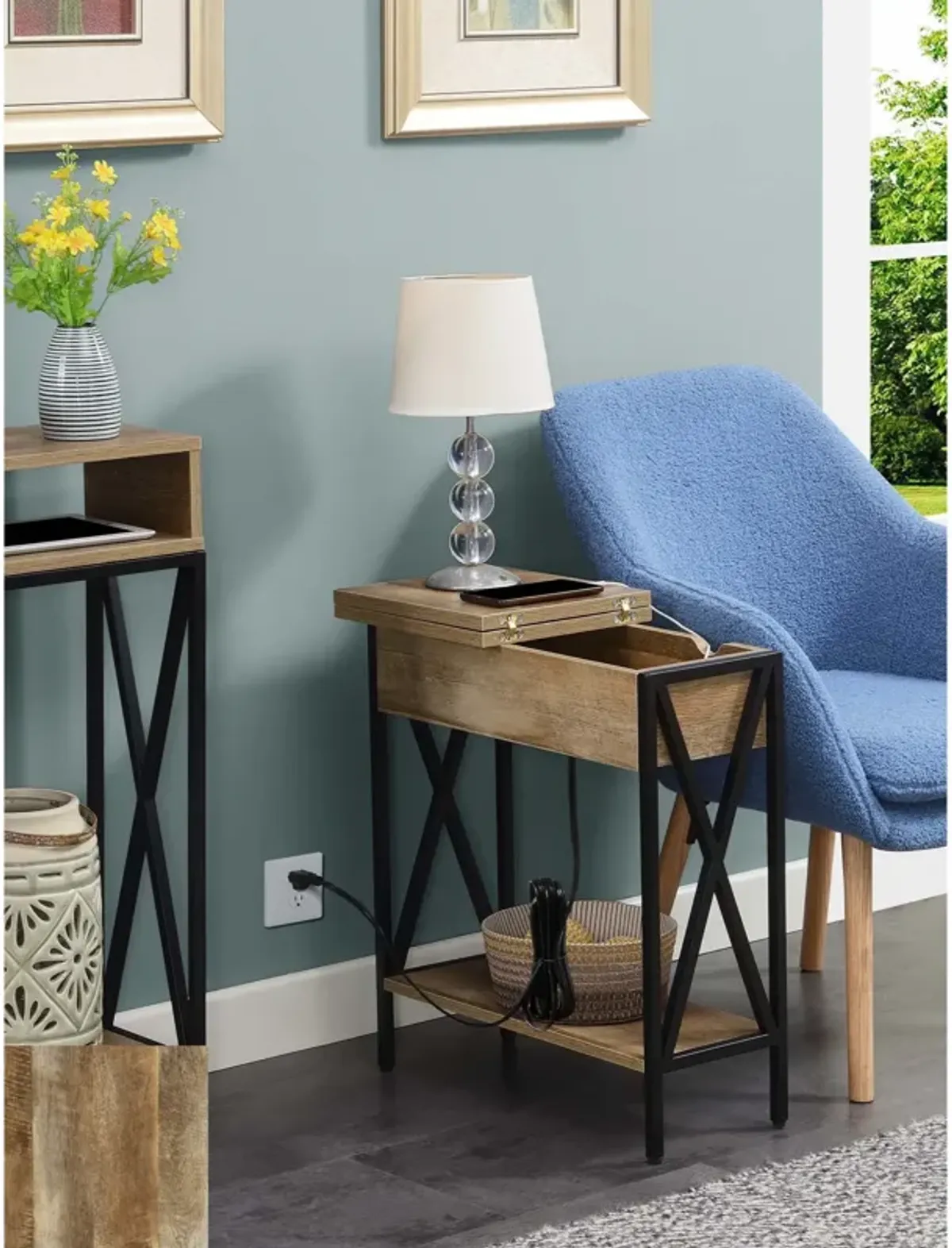 Convenience Concepts Tucson Flip Top End Table with Charging Station and Shelf, 23.75" L x 11.25" W x 24" H, Weathered Barnwood/Black