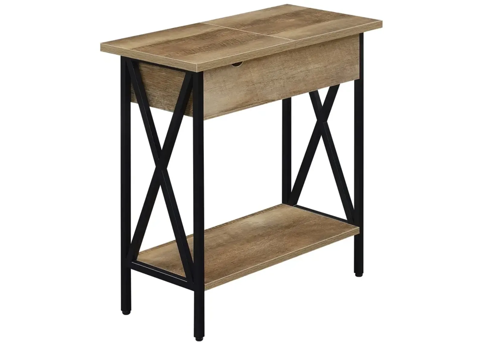 Convenience Concepts Tucson Flip Top End Table with Charging Station and Shelf, 23.75" L x 11.25" W x 24" H, Weathered Barnwood/Black