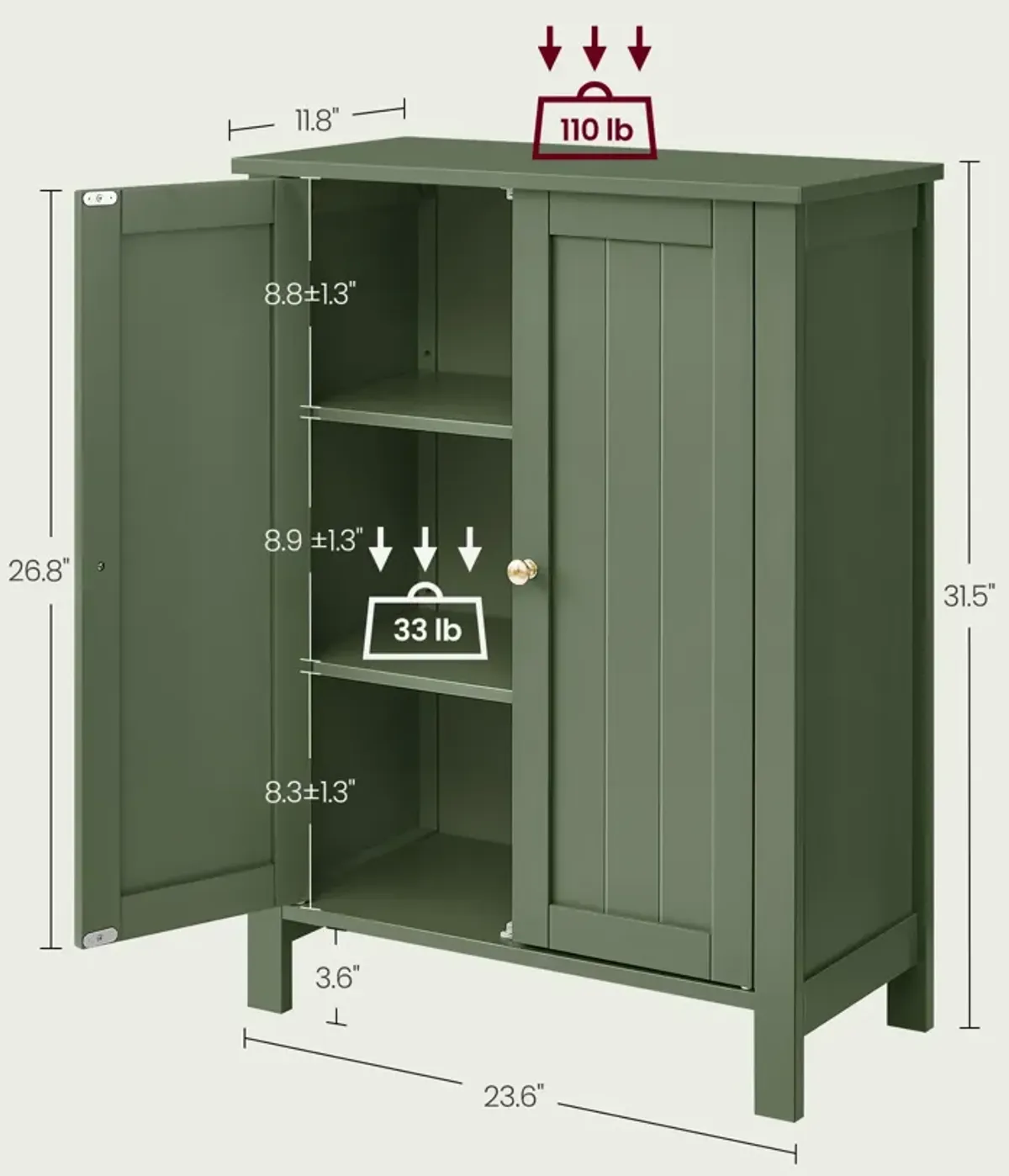 Bathroom Floor Storage Cabinet with Double Door Adjustable Shelf