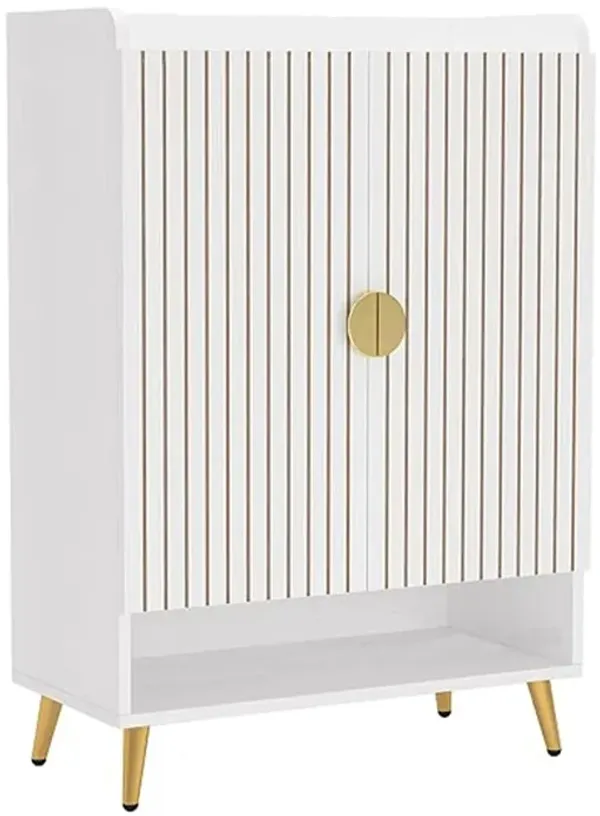 Shoe Cabinet, 43 Inch 7 Tier Shelves, Brown Ribbed Doors, Gold, White - Benzara