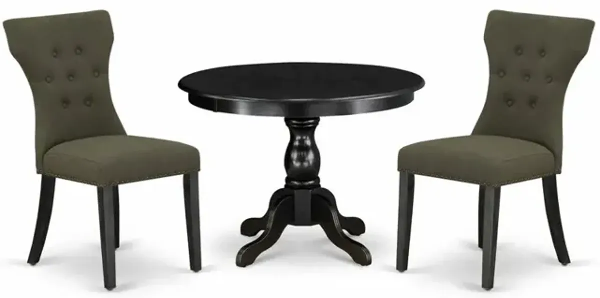 East West Furniture HBGA3-ABK-50 3 Piece Dining Table Set - Black Wood Table and 2 Dark Gotham Grey Linen Fabric Dining Chairs Button Tufted Back with Nail Heads - Wire Brushed Black Finish