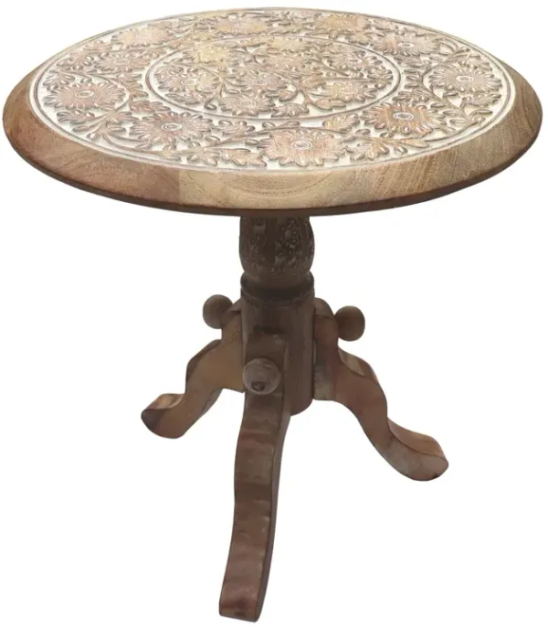 Intricately Carved Round Top Mango Wood Side End Table with Pedestal Base, Brown and White-Benzara