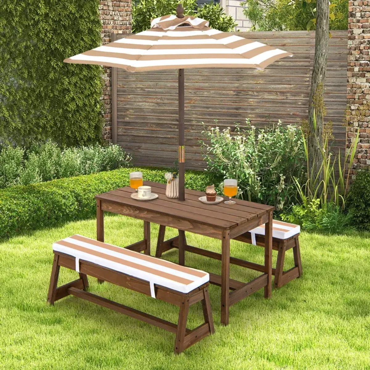 Kids Picnic Table and Bench Set with Cushions and Height Adjustable Umbrella