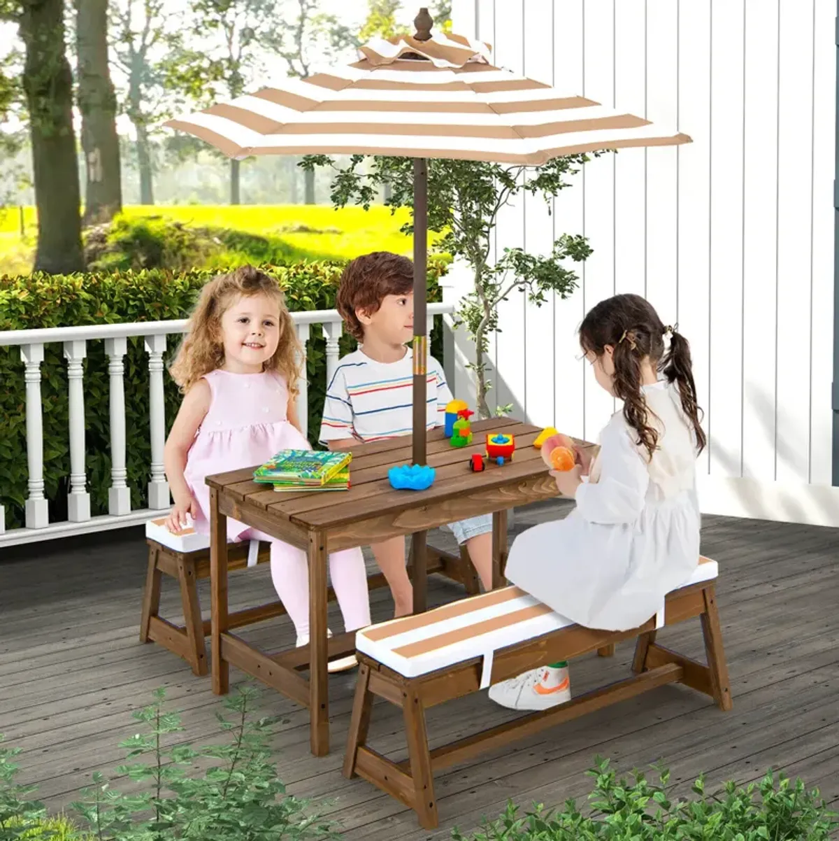 Kids Picnic Table and Bench Set with Cushions and Height Adjustable Umbrella