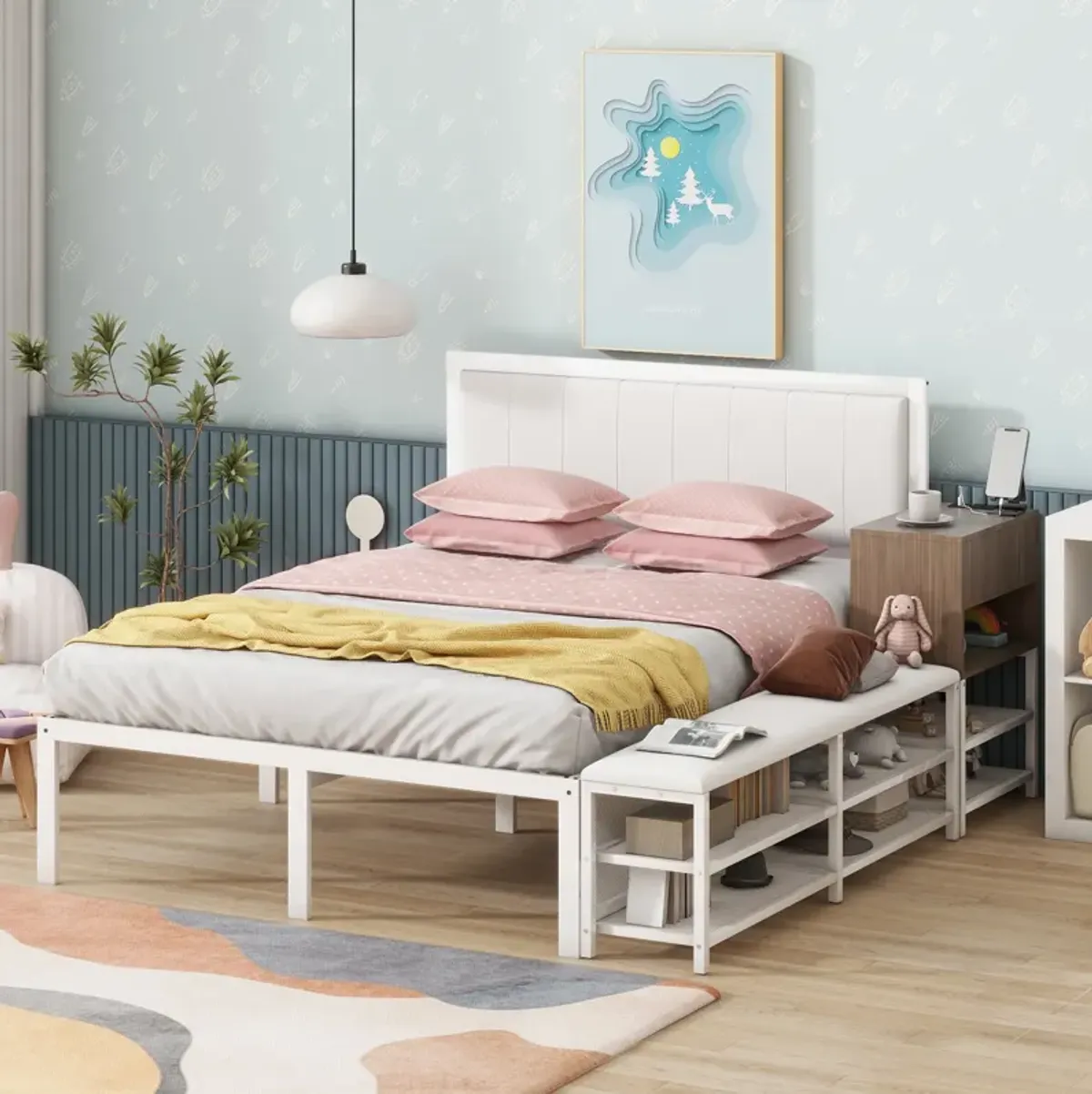 Merax Metal Platform Bed with Two-Tier Storage Shelves