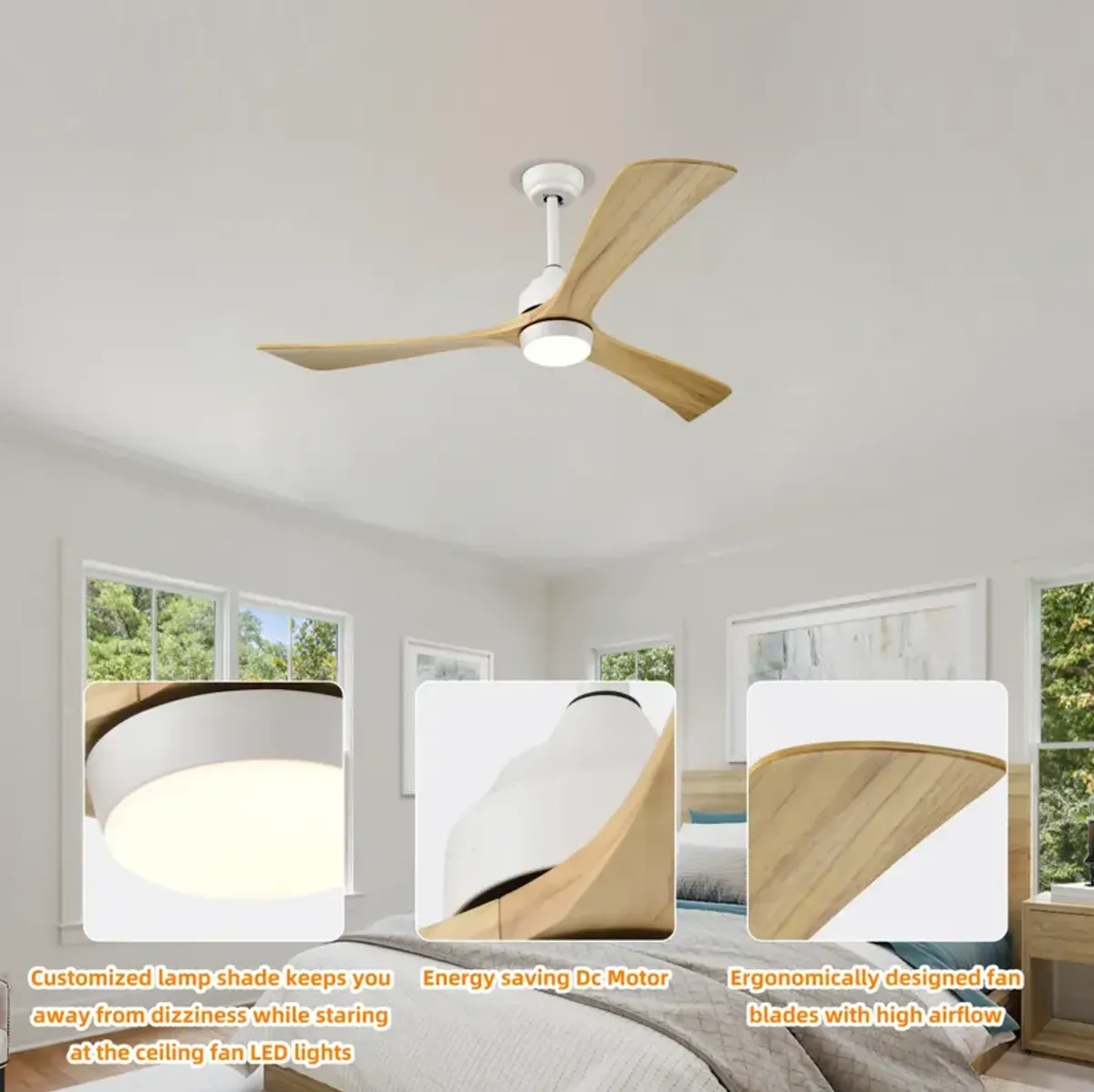 52" Ceiling Fan with Remote Control, 6 Speeds (White/Natural)