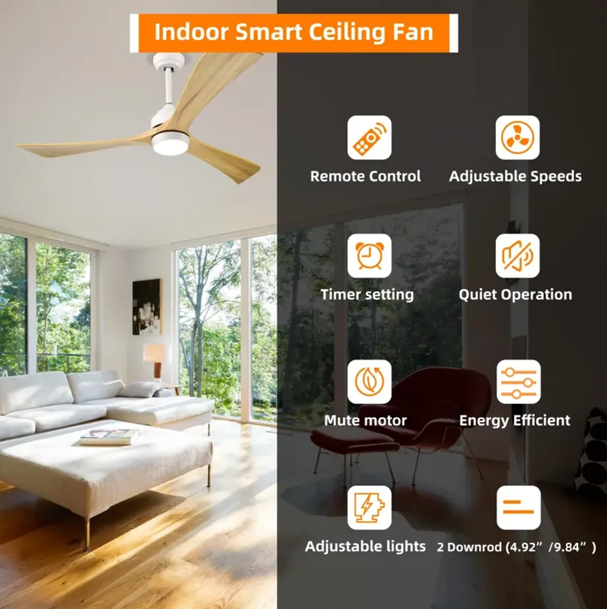 52" Ceiling Fan with Remote Control, 6 Speeds (White/Natural)