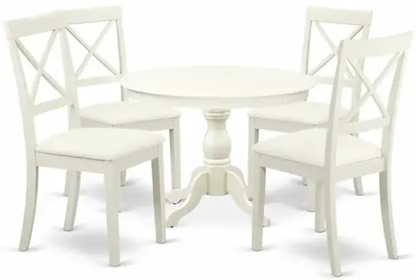 East West Furniture HBBO5-LWH-C 5 Piece Kitchen Table Set - Linen White Wooden Table with 4 Linen White Faux Leather Mid Century Modern Chairs with X-Back - Linen White Finish