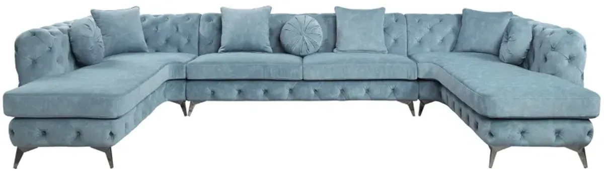 Classic Style Sectional Sofa in Deep Green Fabric with 7 Pillows