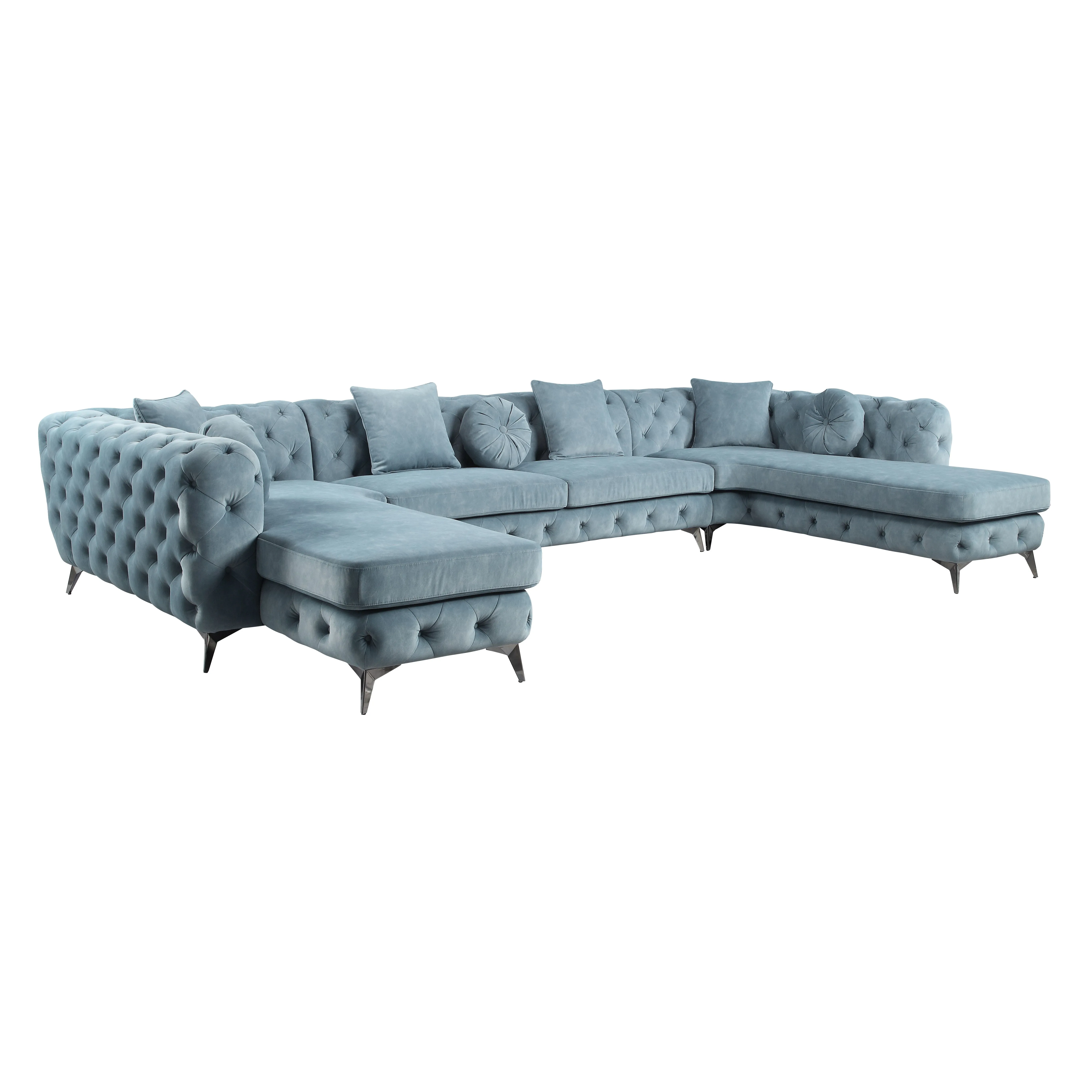 Classic Style Sectional Sofa in Deep Green Fabric with 7 Pillows