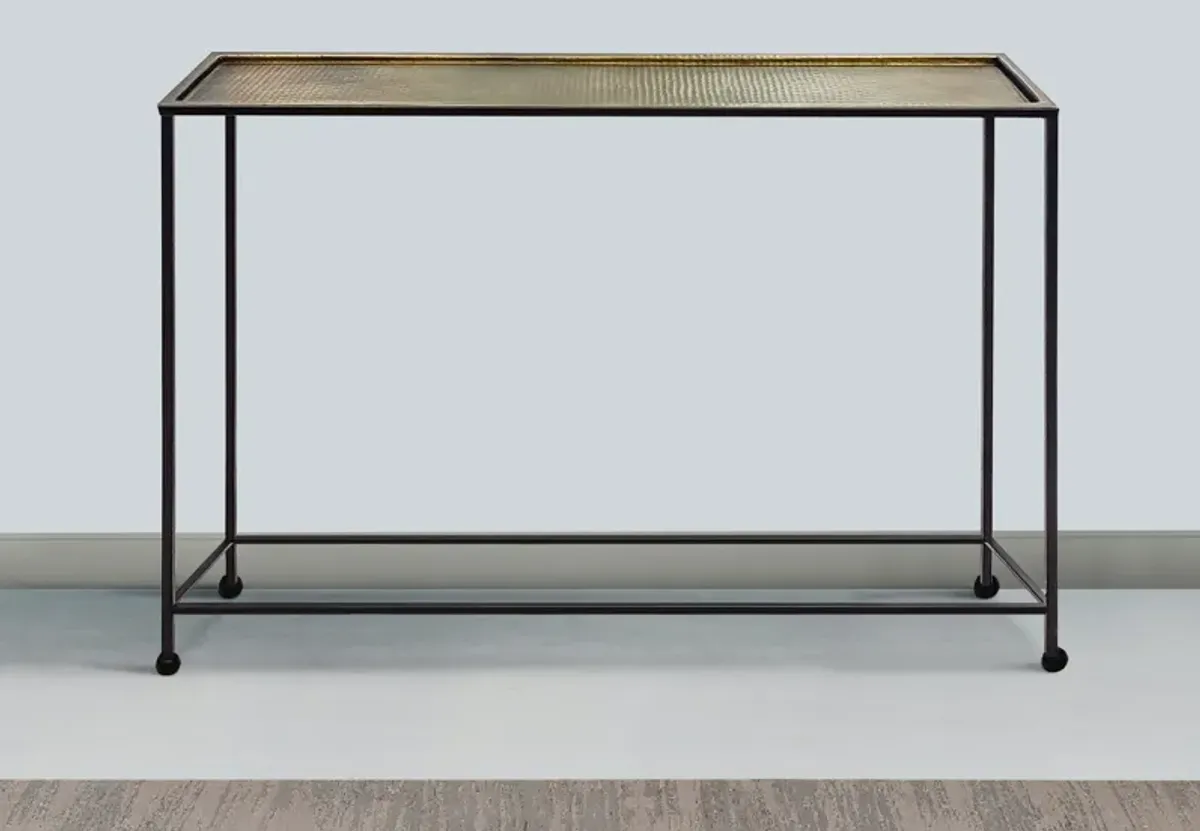 Aurelia 48 Inch Console Sofa Table, Artisanal Hammered Antique Bronze Tray Top, Industrial Black Iron Frame-Benzara