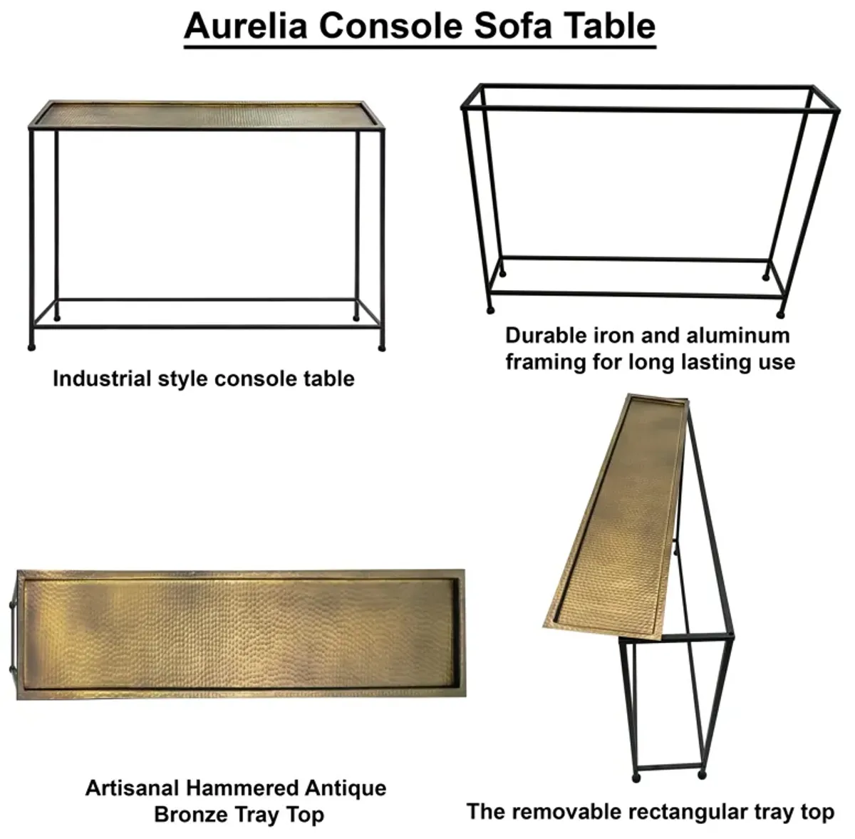 Aurelia 48 Inch Console Sofa Table, Artisanal Hammered Antique Bronze Tray Top, Industrial Black Iron Frame-Benzara