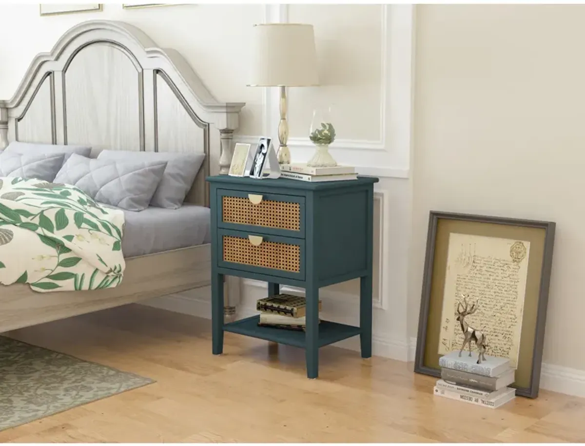 2 Drawer Side Table Rattan, End Table, Suitable For Bedroom, Living Room, Study