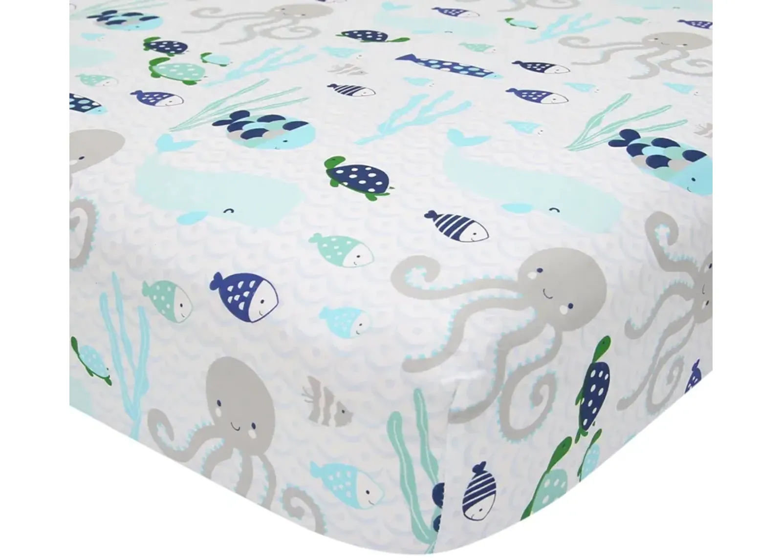 Lambs & Ivy Oceania 100% Cotton Fitted Crib Sheet - White with Blue Nautical/Aquatic Fish and Octopus