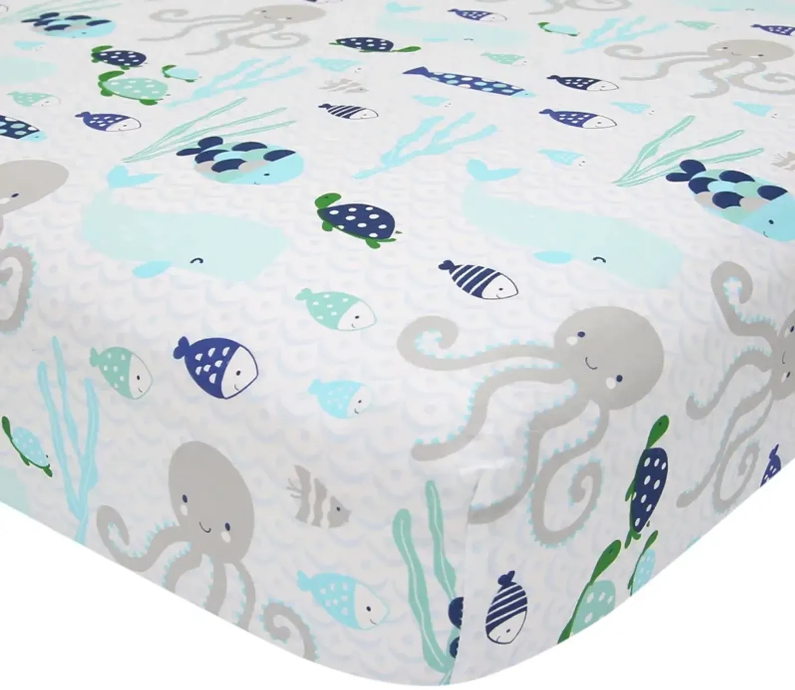 Lambs & Ivy Oceania 100% Cotton Fitted Crib Sheet - White with Blue Nautical/Aquatic Fish and Octopus