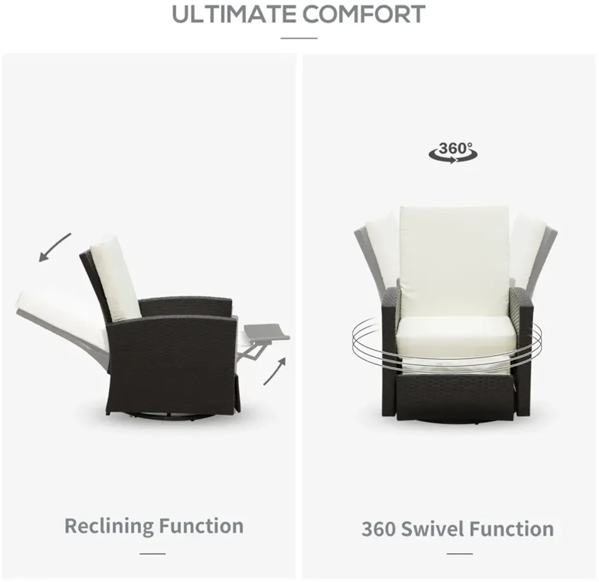 Luxurious Outdoor Seat: White PE Resin 360° Swivel Recliner with Footrest