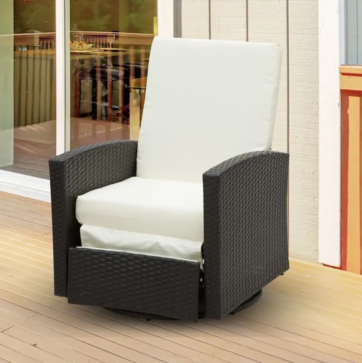 Luxurious Outdoor Seat: White PE Resin 360° Swivel Recliner with Footrest