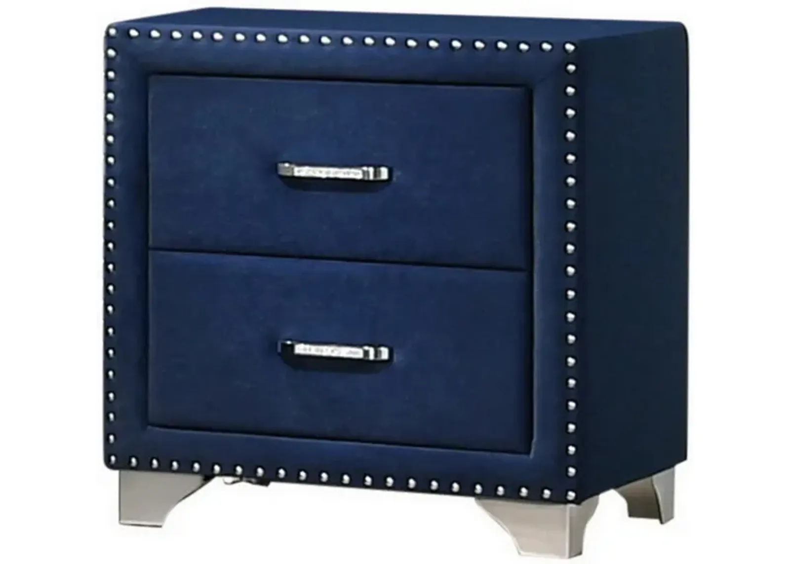 Cale 26 Inch Modern Wood Nightstand, Velvet Upholstered, Nailhead, Blue-Benzara