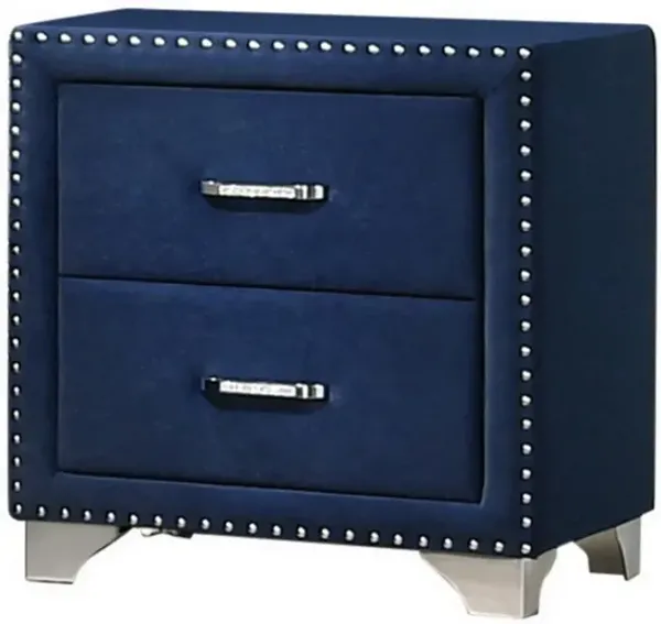 Cale 26 Inch Modern Wood Nightstand, Velvet Upholstered, Nailhead, Blue - Benzara