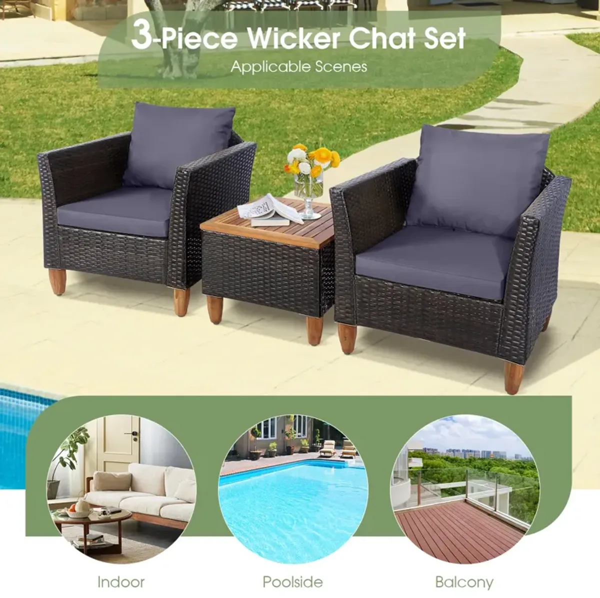 3 Pieces Patio Rattan Bistro Furniture Set with Wooden Table Top