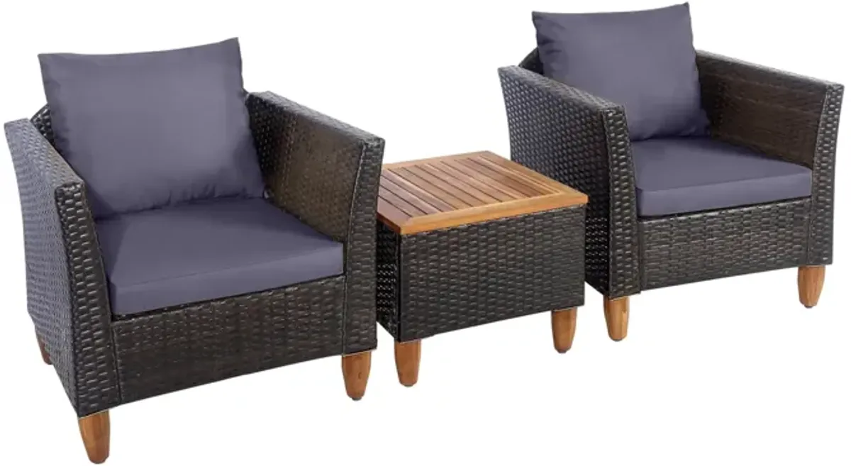 3 Pieces Patio Rattan Bistro Furniture Set with Wooden Table Top