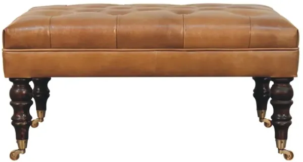 Artisan Furniture Solid Wood, Upholstered California Walnut Buffalo Tan Leather Ottoman with Castor Legs