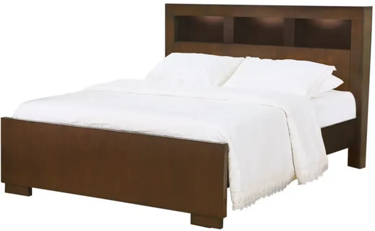 3 Open Bookcase Eastern King Size Bed with Soft Light, Brown-Benzara