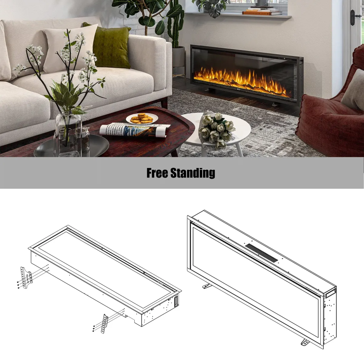 72 in. Recessed Wall-Mounted Freestanding Multifunction Electric Fireplace