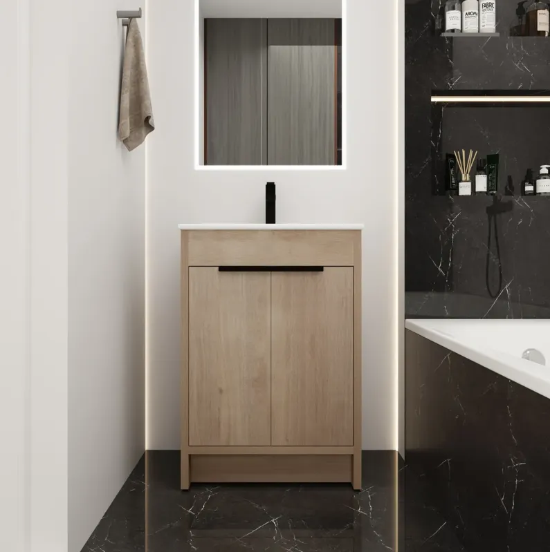 Freestanding Bathroom Vanity With White Ceramic Sink & 2 Soft-Close Cabinet Doors