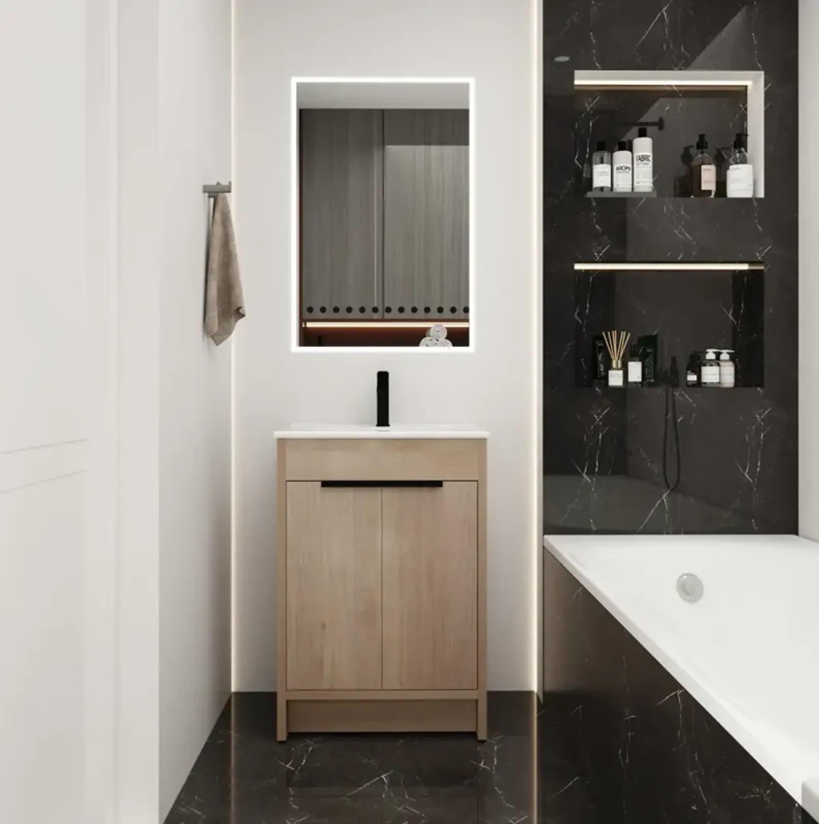 Freestanding Bathroom Vanity With White Ceramic Sink & 2 Soft-Close Cabinet Doors