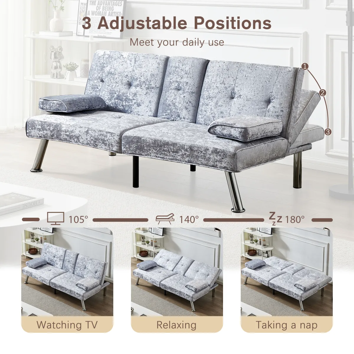 Gray Velvet Sofa Bed with Removable Armrests & Cup Holders