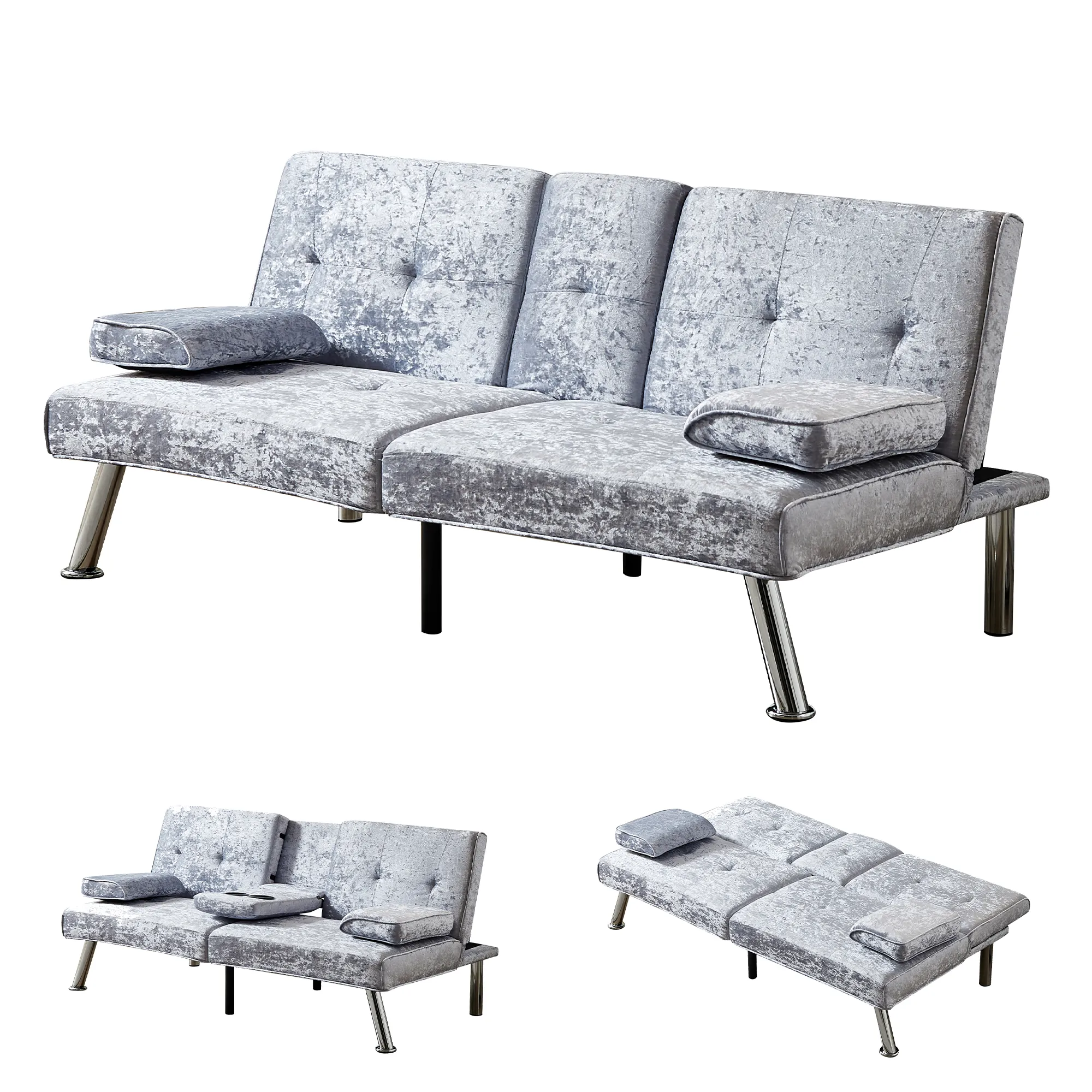 Gray Velvet Sofa Bed with Removable Armrests & Cup Holders