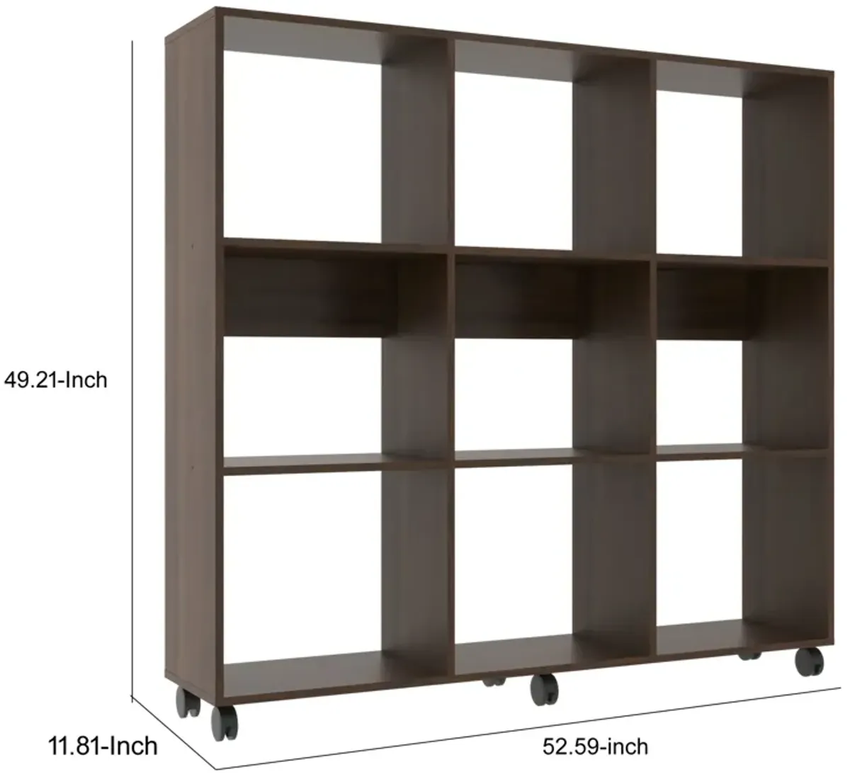 49 Inch Handcrafted Classic Wood Bookcase, 9 Open Compartments, Caster Wheels, Espresso Brown - Benzara