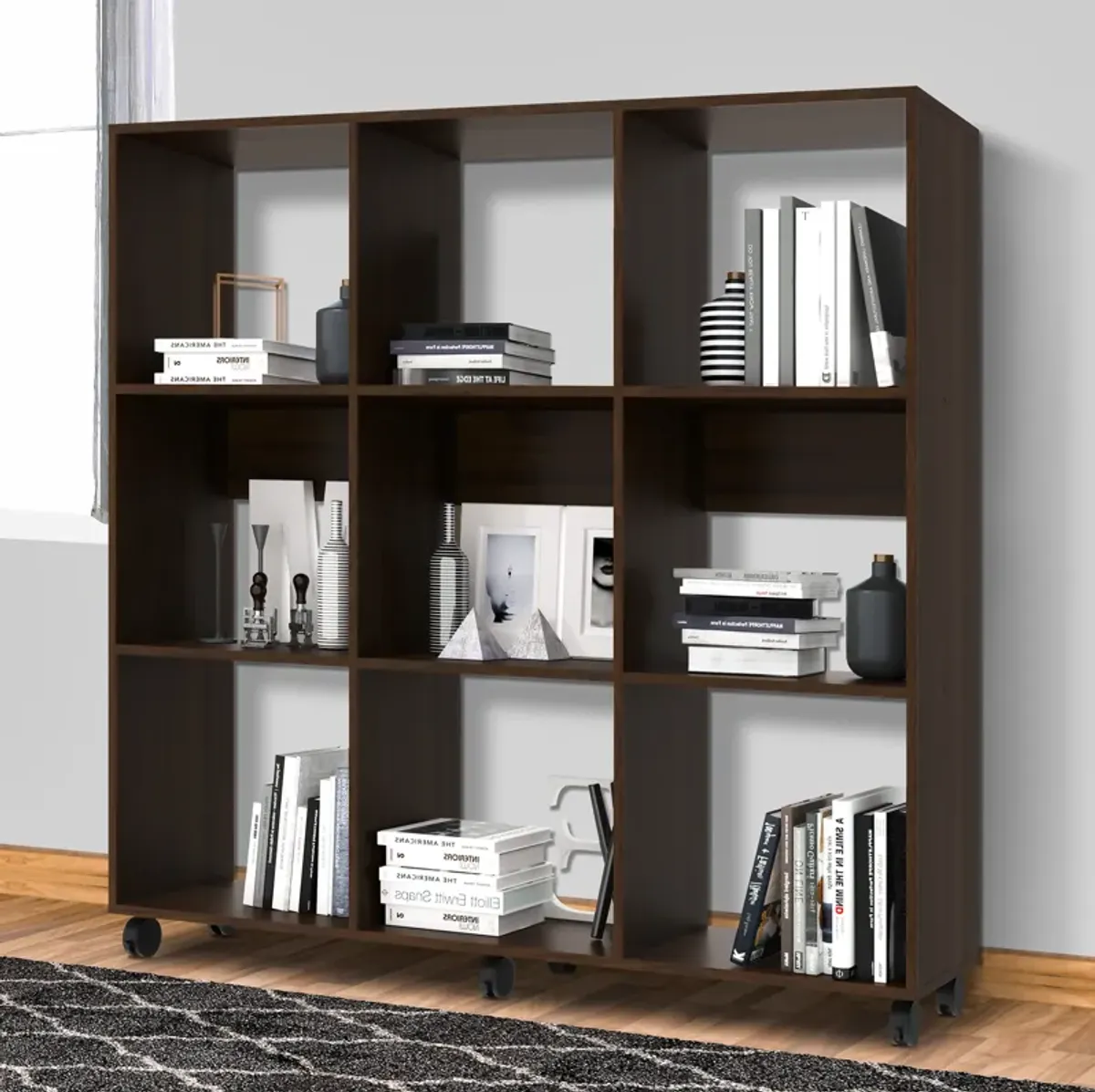 49 Inch Handcrafted Classic Wood Bookcase, 9 Open Compartments, Caster Wheels, Espresso Brown - Benzara