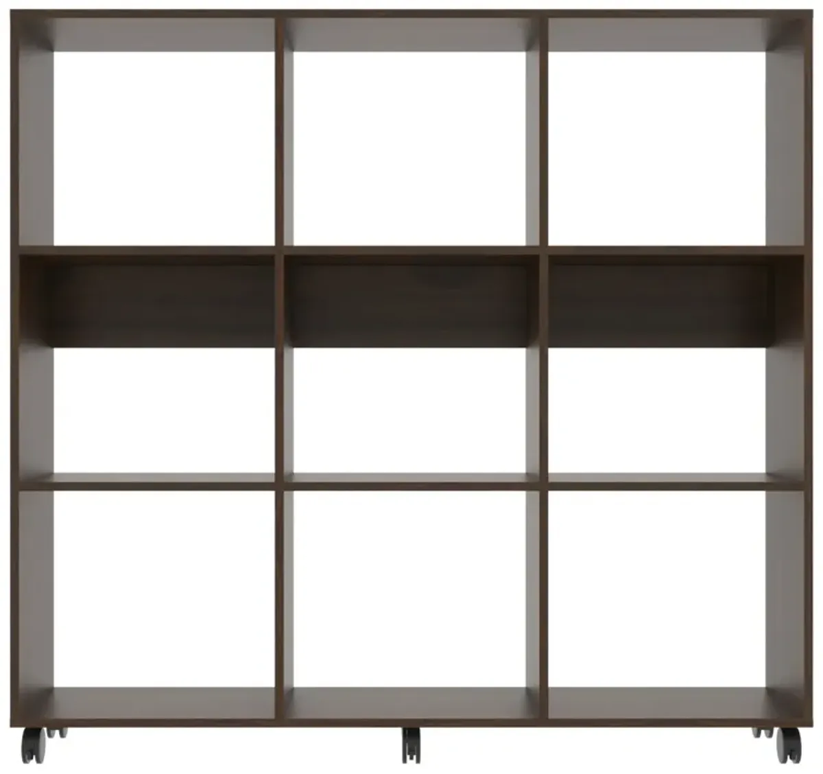 49 Inch Handcrafted Classic Wood Bookcase, 9 Open Compartments, Caster Wheels, Espresso Brown - Benzara