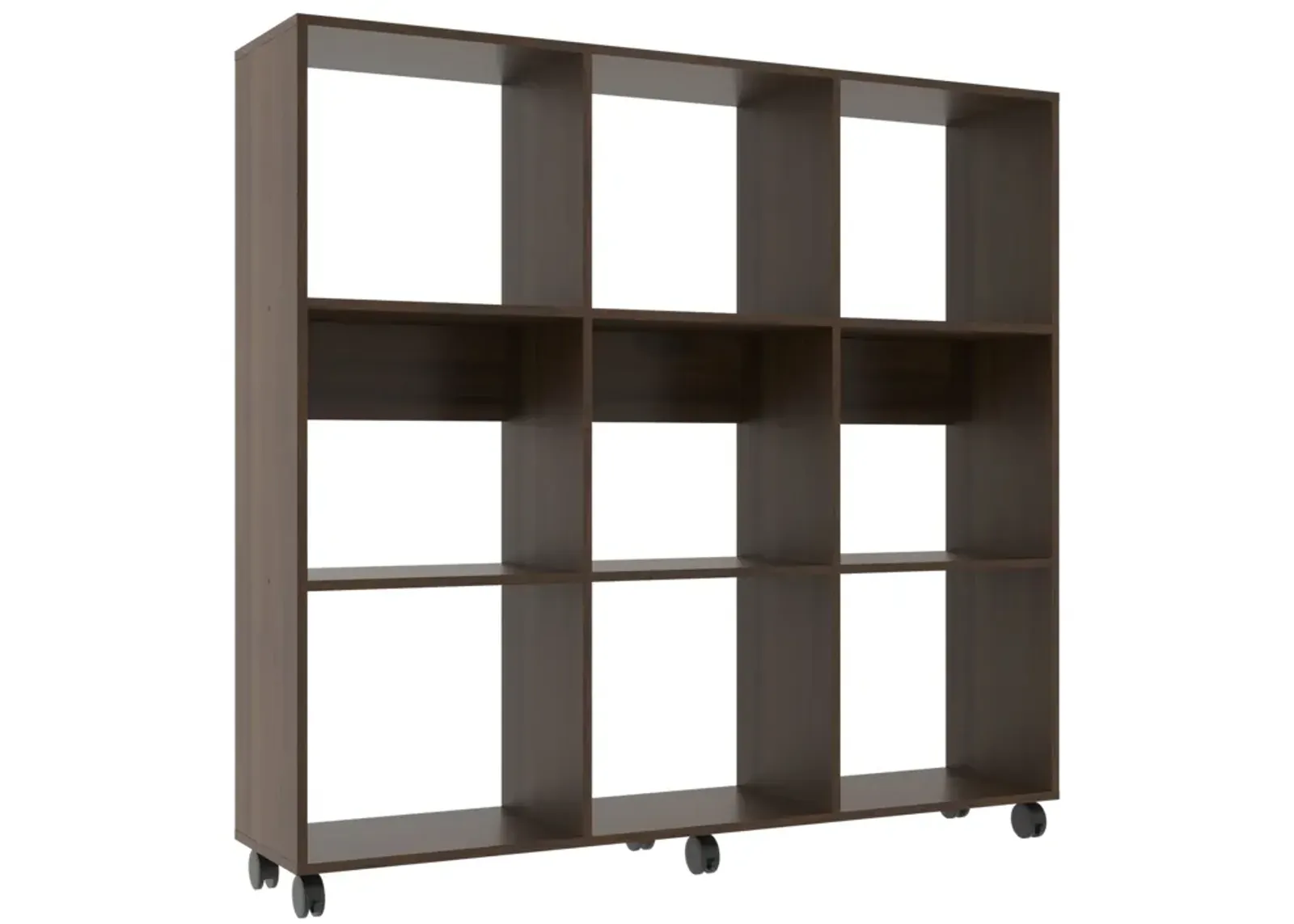 49 Inch Handcrafted Classic Wood Bookcase, 9 Open Compartments, Caster Wheels, Espresso Brown - Benzara