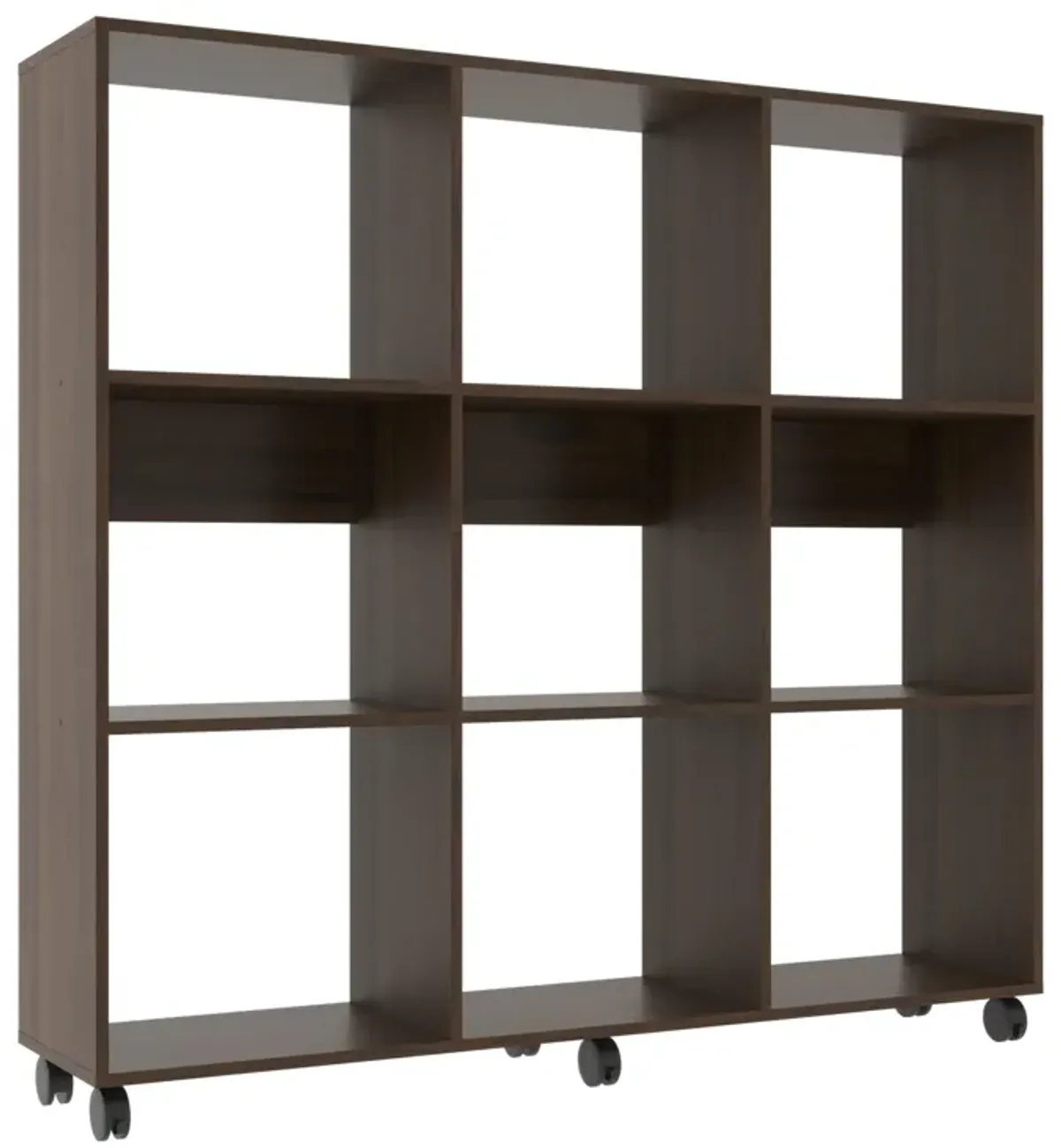 49 Inch Handcrafted Classic Wood Bookcase, 9 Open Compartments, Caster Wheels, Espresso Brown - Benzara