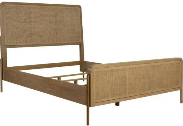 Sea Wood King Size Bed with Woven Cane Design, Open Panel, 4 Slats, Brown - Benzara