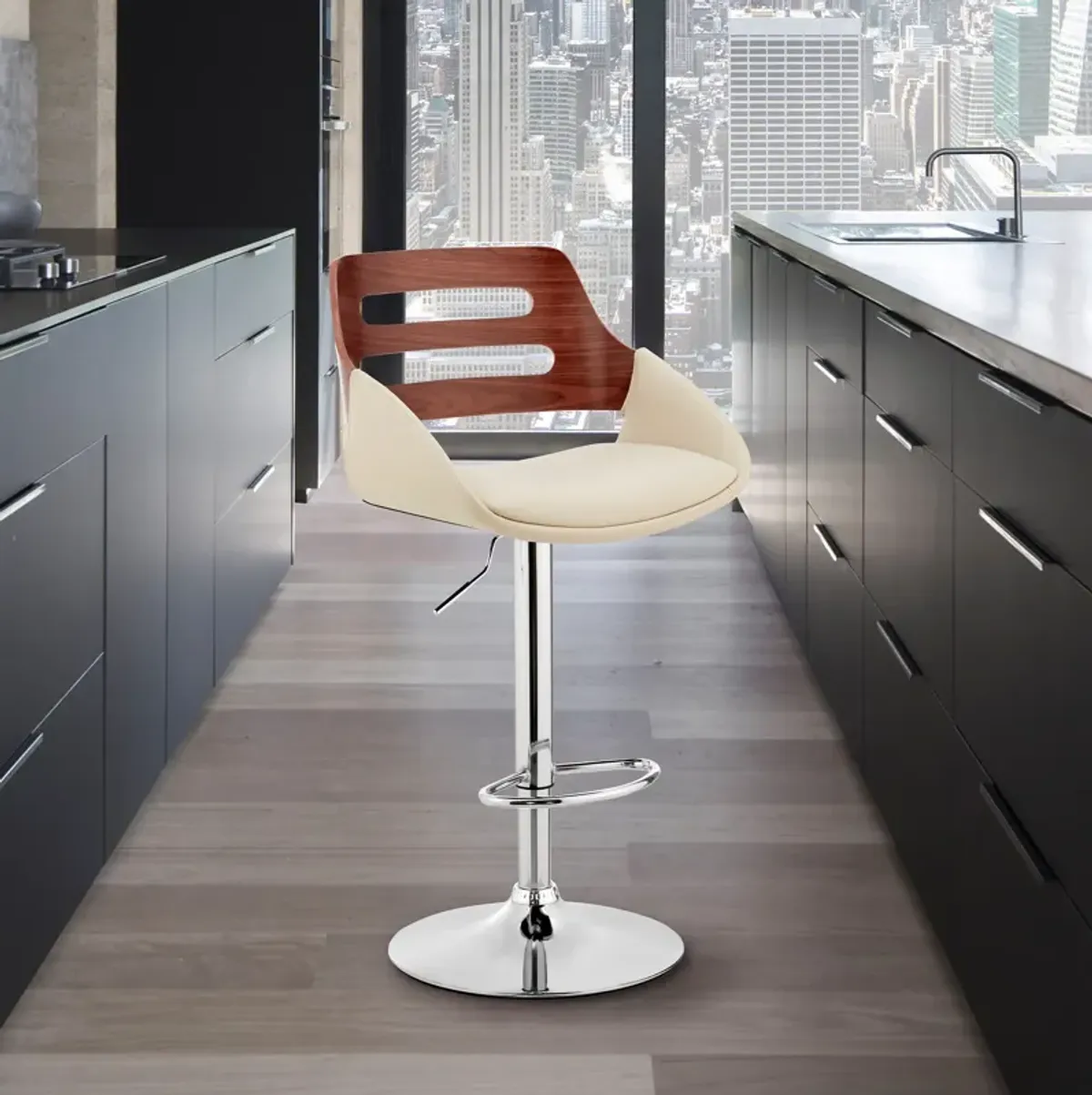 Karter Adjustable Gray Faux Leather and Black Wood Bar Stool with Black Base