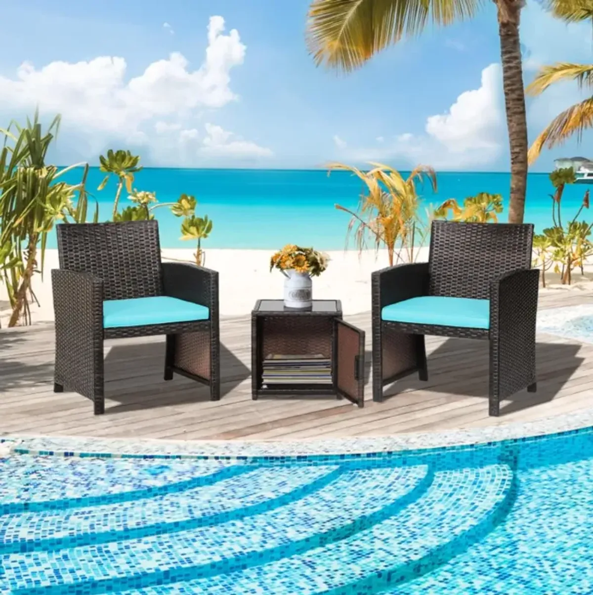 Hivvago 3 Pieces Patio Wicker Furniture Set with Storage Table and Protective Cover