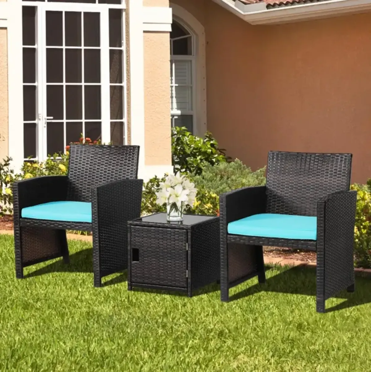 Hivvago 3 Pieces Patio Wicker Furniture Set with Storage Table and Protective Cover